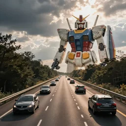 photo of cars on the freeway with a gundam in the background, simon stalenhag,