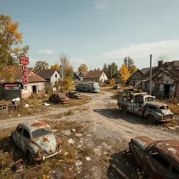 low wide angle shot of dilapidated fallout 5 europa, temperate european hamlet, desolate, dilapidated neon signs, few rusted retro futuristic vintage parked vehicles like cars, ( ( buses ) ), trucks, ( ( trams ) ), volumetric lighting, photorealistic!!!, daytime, autumn, sunny weather, sharp focus, ultra detailed!!!, 4 0 0 0 k