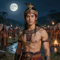 matte close - up portrait of tai smart warlords who assemble on a full moon night at the camp in the valley near water stream, ethnic costume, traditional decoration, light from bonfires and torches, digital art trending on artstation, elegant, loin cloth, highly detailed, 8 k, cinematic lighting, global illumination, elegant, ornate, super detailed, oil painting, artstation, concept