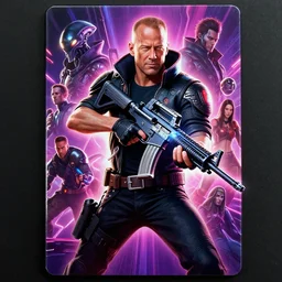 cyberpunk young bruce willis holding an alien assault rifle, dynamic pose, front view, neon lights, lens flare, alien technology, glowing lights, front game card, video game, dark, intricate, highly detailed, smooth, artstation, digital illustration by ruan jia and mandy jurgens and artgerm and wayne barlowe and greg rutkowski and zdislav beksinski