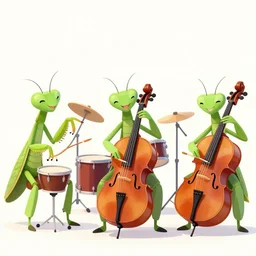a band of happy praying mantis playing cellos and drums