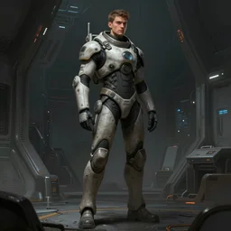 concept art by greg rutkowski, a very tall and slender young man, wearing futuristic space gear, about to initiate the ship self destruction, futuristic, brutalist interior of a space colony, depressing atmosphere, low lighting, scifi, highly detailed portrait, digital painting, artstation, concept art, smooth, sharp foccus ilustration, artstation hq