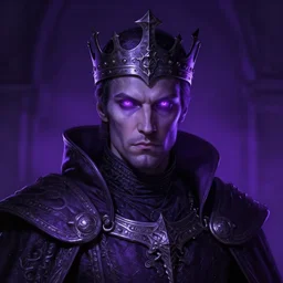 a portrait of a medieval king, cyberpunk, purple color scheme, glowing eyes, grim - lighting, high - contrast, intricate, elegant, highly detailed, digital painting, artstation, concept art, smooth, sharp focus, illustration