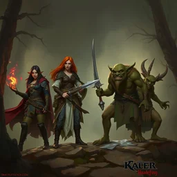four characters, a tiefling woman sorcerer, a ginger woman bard, a ginger dwarf warrior, a goblin druid, matte painting by greg rutkowski, artstation