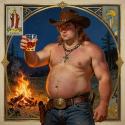 a dramatic, epic, ethereal painting of a handsome mischievous thicc shirtless cowboy with a beer belly wearing a large belt and offering food and whiskey | background is a late night campfire |  tarot card, art deco, art nouveau | by Mark Maggiori | trending on artstation