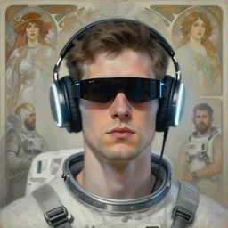 future coder man looking on, sleek cyclops display over eyes and sleek bright headphoneset, neon accent lights, desaturated headshot portrait painting by dean cornwall, ilya repin, rhads, tom whalen, alex grey, alphonse mucha, donoto giancola, astronaut cyberpunk electric fashion photography