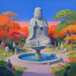 strange weird occult pagan japanese garden with a big ancient god fountain, very vibrant, by beksinski bosch and james jean, ross tran, sky by damien hirst, very cohesive, serenity, hyperminimalist, 8 k, surreal oil painting, highly detailed, dream like, masterpiece
