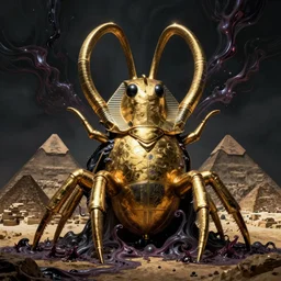 giantic gold scarabee statue, darkness, egypt piramids background, fantasy art, evil fluid, creepy, by greg rutkowski