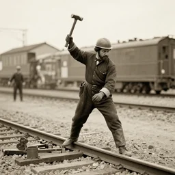vintage photograph of count orlok swinging a hammer over his head, working on the railroad