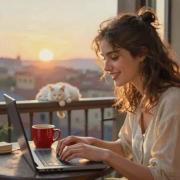 sunrise on the balcony. a cheerful young woman with messy hairstyle is typing on her laptop. half of her body can be seen. sunlight is beautifully lighting the face. there's a red coffee mug on the table close to the laptop. a white cat is sleeping on the porch. depth of field, in the sun, backlit, closeup, oil on canvas, art by botticelli 1 4 9 9, in the style of the birth of venus, smooth, renaissance, florentine painting, 8 k