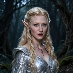 portrait of mischievous, enigmatic!!, dangerous young Galadriel (Cate Blanchett) as a queen of elves, dressed in a refined silvery garment. The background is a dark, chilling eastern european forrest.  night, horroristic shadows,  higher contrasts, (((lumnious))), theatrical, mysterious, character concept art by ruan jia, (((thomas kinkade))), and J.Dickenson, trending on Pinterest, ArtStation