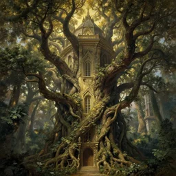 within a colossal tower made of trees, entwined branches, classical 1 8 th century painting, golden ratio, majestic noble fantasy, final fantasy, cinematic, thomas kinkade, craig mullins, dappled lighting, hyper detalied