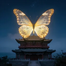 on a misty starry night, a giant glowing butterfly inhabits an ancient china shanxi building above the ocean, by craig mullins
