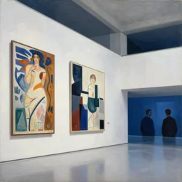 painting of interior shot of a white concerete brutalist museum with modern contemporary abstract art on the wall by darek zabrocki and greg ruthkowski, alphonse mucha, simon stalenhag and cinematic and blue cold atmospheric, archillect concept art, artstation, trending on artstation