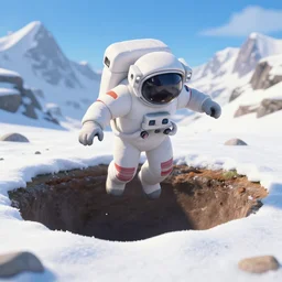 an astronaut falling into an endless pit in alps snowy mountain, cinematic close up shot, 3d animated family film