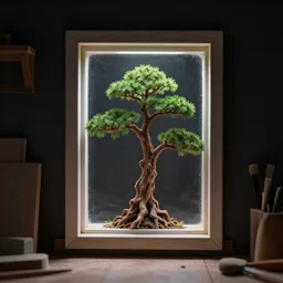 bonzai tree at the window in a dark carpentry room, close up, studio lighting, dark backdrop, 3 3 mm