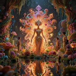 creature in a lush candyland, water reflection, night, backlit, warm tones, bioluminescent : by michal karcz, daniel merriam, victo ngai and guillermo del toro : ornate, dynamic, particulate, intricate, elegant, highly detailed, centered, artstation, smooth, sharp focus, octane render