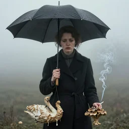 photographic portrait of sad max ernst woman swan dried melting floral fungus with spiraling cigarette smoke, holding an umbrella, in fog, editorial