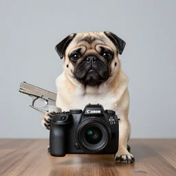 a pug holding a glock 4 0, canon eos r 3, f / 1. 4, iso 2 0 0, 1 / 1 6 0 s, 8 k, raw, unedited, symmetrical balance, wide angle,