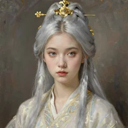 thin young beautiful girl with silver hair, pale!, wearing robes, wearing hair, golden goddess, young cute wan korean face, silver hair!!, oil on canvas, style of jean delville, 4 k resolution, aesthetic!,