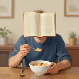 a painting of a man with an open book head sitting at a table eating cereal, artstation