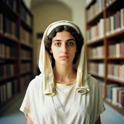 photo portrait of beautiful hypatia of alexandria in the library of alexandria, film photograph