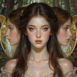 symmetry portrait of brunette princess, glam, fae, glass skin, forest background, intricate, elegant, highly detailed, digital painting, artstation, concept art, smooth, sharp focus, illustration, art by artgerm and greg rutkowski and fra angelico and alphons mucha