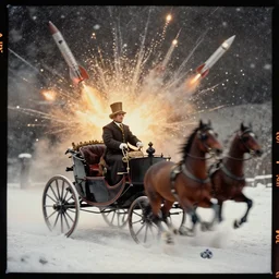 kodak portra 4 0 0, wetplate, muted colours, blueberry, 1 9 1 0 s style, motion blur, portrait photo of a backdrop, explosions, rockets, sparkling, king ludwig in horse carriage, snow storm, by georges melies and by britt marling