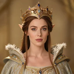photo of a beautiful elven queen queen with ornate crown and cloak, telephoto lens, incredibly detailed, macro 35mm 8k, HDR, studio