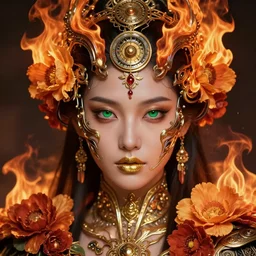 extremely close up front portrait of a beautiful oriental cyborg warrior woman, green eyes, gold lips, entwined in flowers and fire, crown of fire, highly detailed, sci - fi, intricate time machine, decadent, highly detailed, octane render, concept art, smooth, sharp focus, hyper - realistic