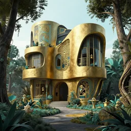 photo hyper realistic concept architecture art house solarpunk in the garden, style brutalism, gold and black turquoise ratio,, octane render excellent composition alphonse mucha
