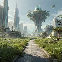 a beautiful very detailed rendering of abandoned nature architecture city urbex industrial architecture pathway by georgia o'keeffe, cgsociety otherworldly vice city made of glass matte painting assassin's creed water dieselpunk meadow futuristic san andreas extraterrestial universe architecture island, archdaily, wallpaper, highly detailed, trending on artstation.