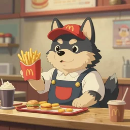 a cute anthropomorphic hellhound fast food server in the style of studio ghibli trending on artstation deviantart pinterest detailed realistic hd 8 k high resolution