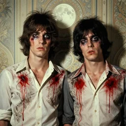 two handsome but sinister young men wearing band shirts in layers of fear, with haunted eyes and wild hair, 1 9 7 0 s, seventies, wallpaper, a lot of blood, moonlight showing injuries, delicate embellishments, painterly, offset printing technique, by brom, robert henri, walter popp
