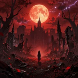 abandoned bloodborne old valley with a obscure person at the centre and a ruined gothic city in the background, trees and stars in the background, falling red petals, epic red - orange moonlight, perfect lightning, wallpaper illustration by niko delort and kentaro miura, 1 6 k, ultra realistic