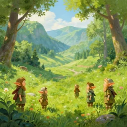 a beautiful sun lite green valley with elves. painting.