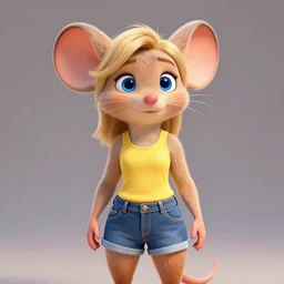 3 d render, portrait, mid shot, anthropomorphic mouse, female, blond fur, blue eyes, wearing denim short shorts and a off yellow tank top shirt, solo, in the style of zootopia