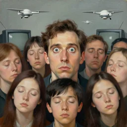 a painting of a man with eyes wide open surrounded by people with their eyes completely closed. there are also crt television drones flying around