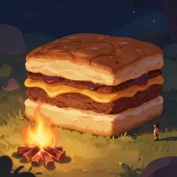 a giant smore by a campfire, with a tiny human, digital art, trending on pixiv, 4 k, ray tracing,