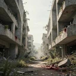 post apocalyptic theme park, morning, building, avenue, modern contemporary urban americana concrete architecture, by ricardo bofill, apocalyptic color palette, trending on artstation, photorealistic, wilderness ambiance, ultra detailed, high definition, depth of field, bokeh, rubble, wild vegetation, blood stains, building crumbling