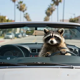 a raccoon driving a convertible with the top down in las angeles