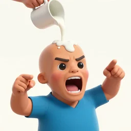 blippi pouring boiling milk on dwayne johnsons skull, screaming, pointing, enraged, painting by phil hale, 'action lines'!!!, graphic style, visible brushstrokes, motion blur, blurry