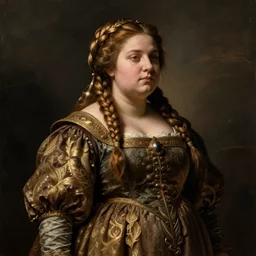 female dwarven noblewoman, chubby short stature, braided intricate hair, by diego velazquezs