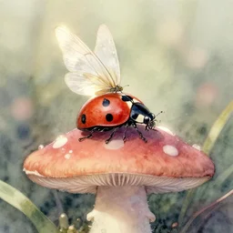 ladybird fairy sitting on a toadstool. watercolor by award - winning mangaka, backlighting, intricate details, muted pastel palette, depth of field, painting, macro photography.