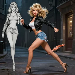 cartoonish tattooed pinup girl brigitte bardot wearing a jacket and ripped shorts running and fighting in a dark street, character sheet, character design,, contrast, deep focus, turnaround, highly detailed, dramatic lighting, digital painting, artstation, concept art, matte, sharp focus, illustration, elegant, art by artgerm and greg rutkowski and alphonse mucha.
