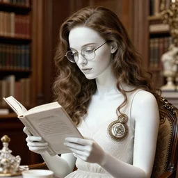 portrait of an absurdly beautiful, graceful, sophisticated, fashionable young danish woman reading in a library, long wavy brown hair, wearing thin rimmed glasses, natalie portman, hyperdetailed illustration by irakli nadar and alexandre ferra, intricate linework, white porcelain skin, faberge, unreal engine 5 highly rendered, global illumination, radiant light, detailed and intricate environment