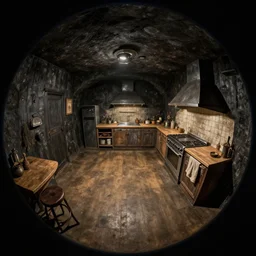 macro lens, underground basement, dark dark dark walls, fisheye spiral, naive, extra narrow, detailed illustration of a kitchen, large floor, by gediminas pranckevicius, trending artstation, tavern