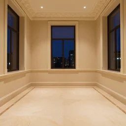 hotel floor that's impossible to get to, beige walls, beige lighting, fancy details, windows, night time, window to night time city, 2 4 0 p photograph