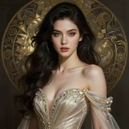 a super realistic sexy young woman, fantasy, intricate, highly-detailed, elegant, dramatic lighting, gorgeous face, lifelike, photorealistic face, long luxurious gown, digital painting, artstation,  illustration, concept art, smooth, sharp focus, art by Jude Palencar, Luis Royo, John Collier and Albert Aublet and Krenz Cushart and Artem Demura and Alphonse Mucha