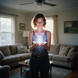 backlit photograph of woman standing in front of object radiating esoteric energy in suburban living room, crisp focus, highly detailed, in george hardie style, 3 5 mm ektachrome
